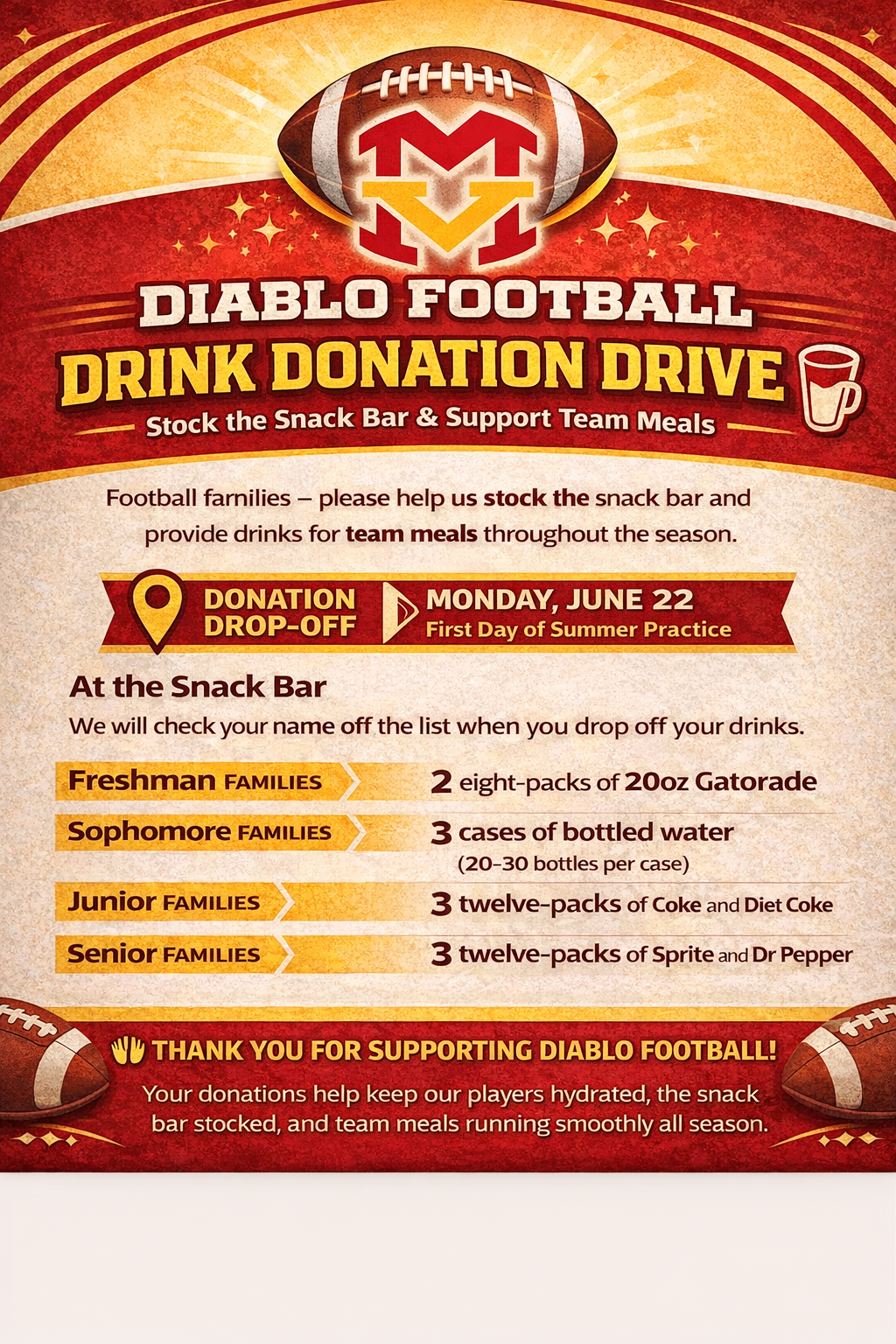 Diablos Football Drink Donation Drive — Drop off sports drinks, water, and Gatorade to support the team